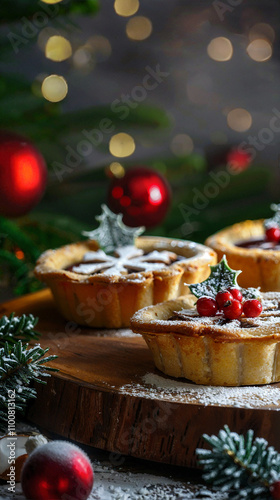 Adorable Small Christmas Pie Tins Filled with Sweet Jam Filling and Dusted with Powdered Sugar, Resting on Wooden Planks with Festive Christmas Decorations
