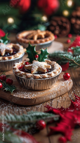 Adorable Small Christmas Pie Tins Filled with Sweet Jam Filling and Dusted with Powdered Sugar, Resting on Wooden Planks with Festive Christmas Decorations
