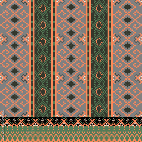 Art Abstract with Pixel Art Designs. Traditional Cross Stitch needlework. Geometric Ethnic Pattern, Embroidery, Textile Ornamental, Fabric, Hand Stitch Pattern, Cultural Stitching Pixel Art