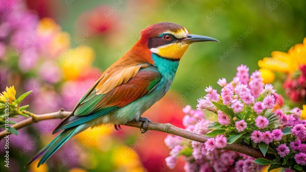Fototapeta premium Vibrant European Bee-Eater in a Colorful Natural Habitat, Capturing the Essence of Spring with Lush Greenery and Bright Blossoms, Showcasing Nature's Beauty and Wildlife Diversity