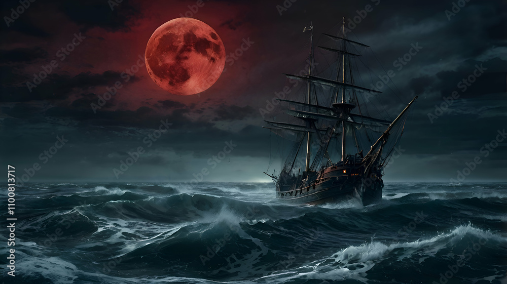 Fototapeta premium Ghost Ship Sailing Through Rough Waters Under Ghost Ship Sailing Through Rough Waters Under Blood Moon in Spooky Seascape background, 4k Wallpaper, Spooky Background, Eerie, Wall Art,