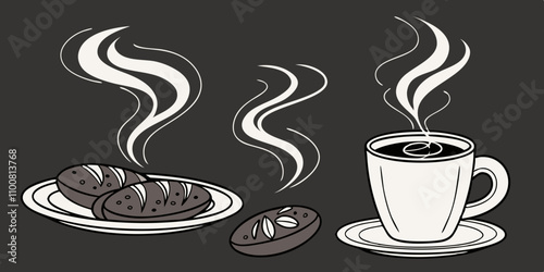  Simple smoke, hot smoke, coffee cup, food steam or vapor clouds, realistic smoke, hot dish or mug haze design elements on black background.

