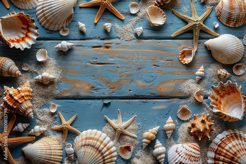 summer and sea themed flat lay with shells, sand on a rustic wooden background,.  photo