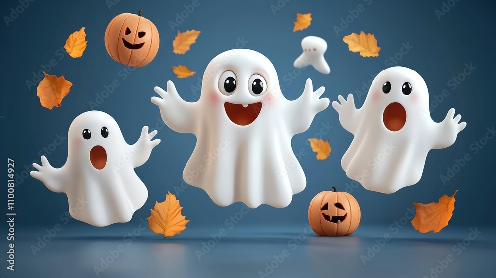 Obraz premium Eerie ghosts and pumpkins a glow-in-the-dark halloween delight with floating spirits under a moonlit sky