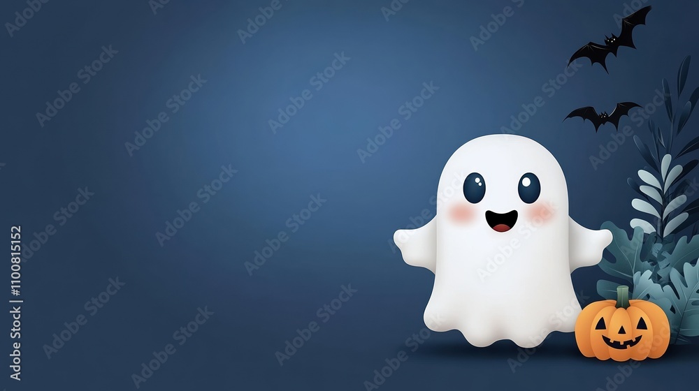 Fototapeta premium Spooky fun with halloween boo a cheerful ghost surrounded by dripping slime flying bats and a pumpkin