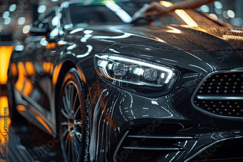 Man using microfiber cloth to clean luxury black car in close-up, high detail photo, car detailing concept photo