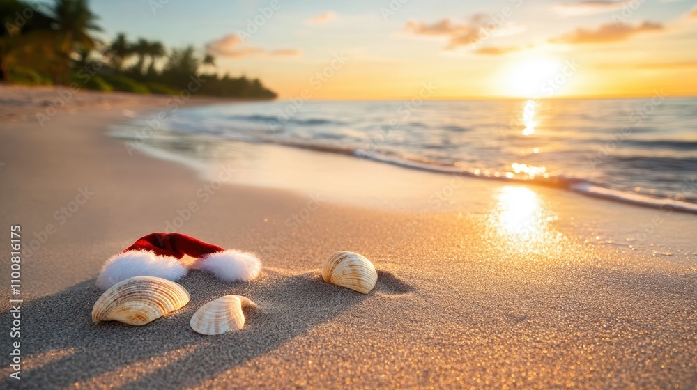 Celebrate a tropical christmas merry christmas written in the sand with seashells and a santa hat at sunset Celebrate a tropical christmas merry christmas written in the sand with seashells and a santa hat at sunset