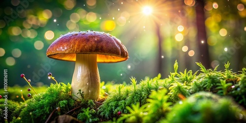 Wallpaper Mural Vibrant Mushroom with Dewy Surface Glowing in Nature, Capturing the Essence of Freshness and Color in a Lush Forest Setting Surrounded by Greenery and Soft Light Torontodigital.ca