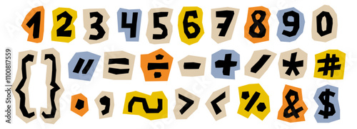 Paper cut out numbers and signs collection. Punctuation marks and characters collage set. Cut symbols, brackets, elements bundle for decoration, poster, banner, print. Vector colored ransom style pack