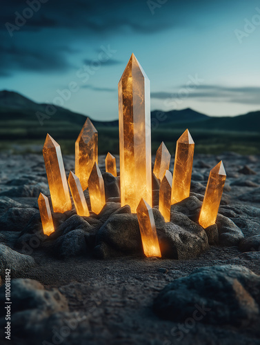 field of glowing crystals radiates warmth under moonlight