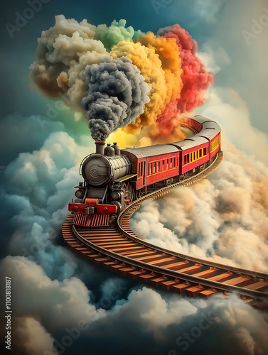 colorful train floating on rainbow track amidst vibrant clouds
