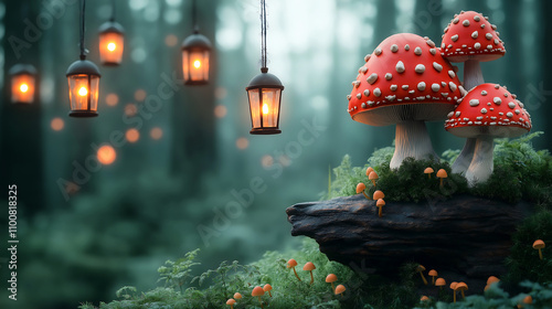 mystical forest with oversized mushrooms and glowing lanterns creates magical atmosphere