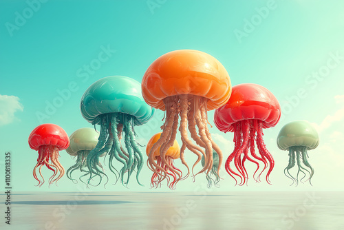 Surreal beach scene with colorful jellyfish like balloons floating