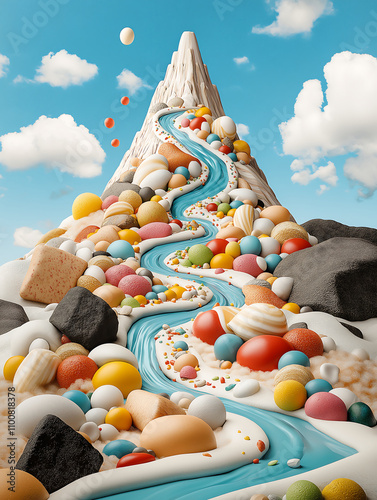 whimsical mountain range made of candy with flowing river