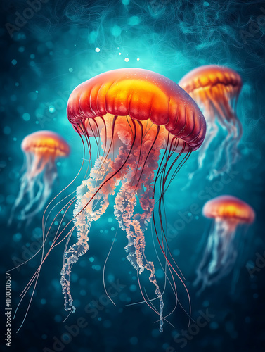 Surreal ocean scene with glowing jellyfish floating gracefully