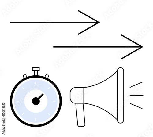 Stopwatch megaphone and arrows. Ideal for productivity, urgency, communication, business strategy, motivation, goal achievement, marketing Line metaphor