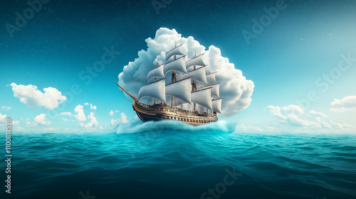 surreal ship sailing through ocean of clouds and waves