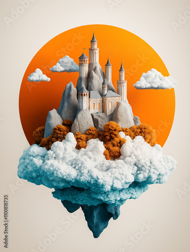 surreal castle on floating mountain surrounded by clouds and orange sky