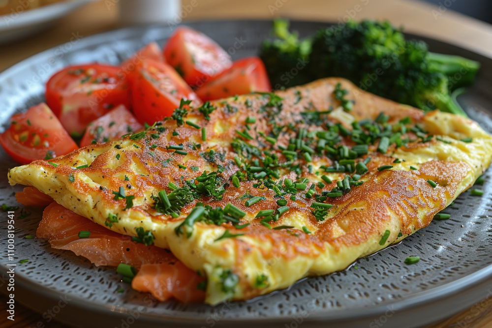 Omelet with smoked salmon and broccoli on a plate.. Omelet with smoked salmon and broccoli on a plate..