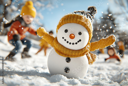 cheerful snowman in snowy landscape with children playing nearby