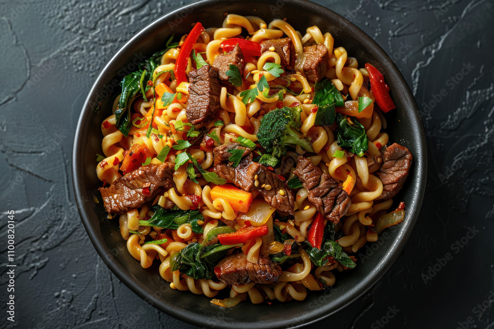 Fototapeta premium fried noodles with vegetables and beef in a black bowl. ,. 