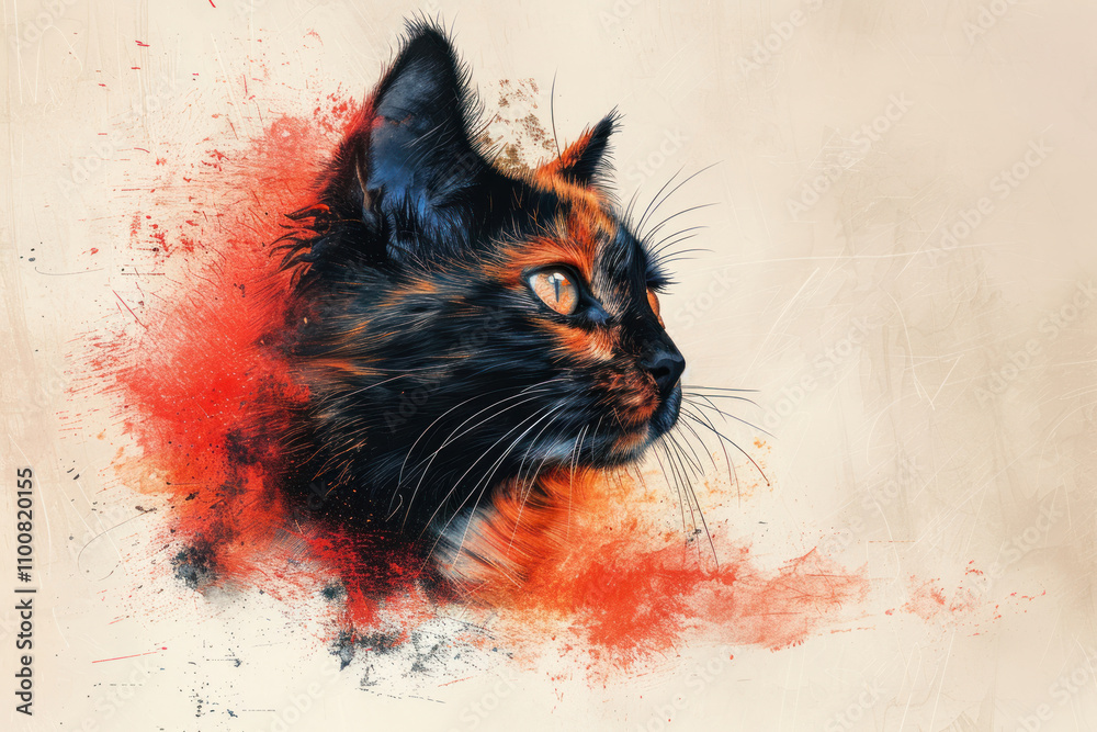 Naklejka premium cat in orange and blue, watercolor,. 