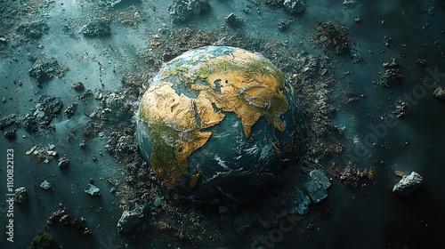 A digitally generated image portrays a devastated world, emphasizing the urgency of addressing environmental issues and the impact of human actions on the planet.