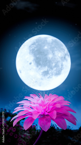 Pink flowers in full bloom with a background of flower bushes and a full moon. Night nature. Night flowers. 3D Rendering