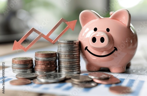Smiling piggy bank with growing coins stack and upward arrow for financial growth and savings