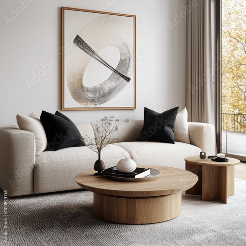 Designing modern interior mockup with floating artwork frames and round side tables in a contemporary living space