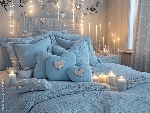 Valentineas,Day,Bedroom,Soft,Blue,Accents,Heart-Shaped,Pillows,Candles,, photo