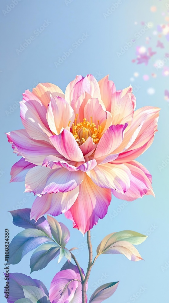 Obraz premium A blooming flower in full color against a soft blue background with delicate petals and intricate details, delicate petals, abstract background, whimsical, subtle beauty, romantic ambiance