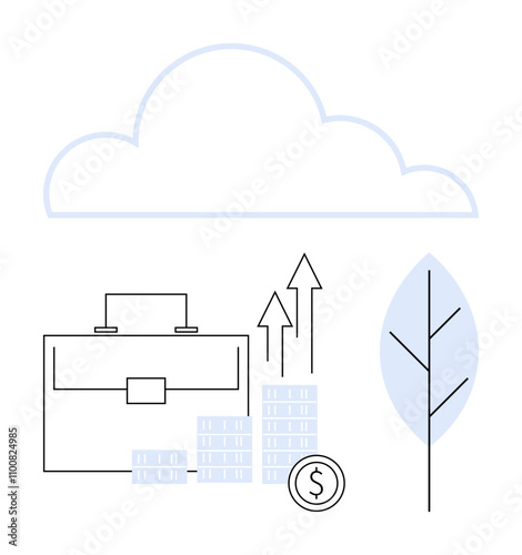 Briefcase, stacks of coins, upward arrows, cloud, and blue leaf depicting growth and financial success concepts. Ideal for business growth, finance, investment, savings cloud computing