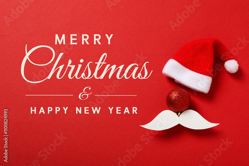 Merry Christmas and New Year, Santa hat, decorative mustache and Christmas ball on a red background with text photo