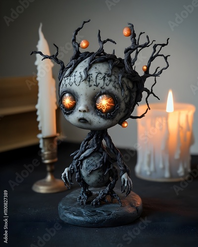 Haunting Polymer Clay Miniatures with Gnarled Appendages and Occult Sigils in Candlelit Occult Study photo