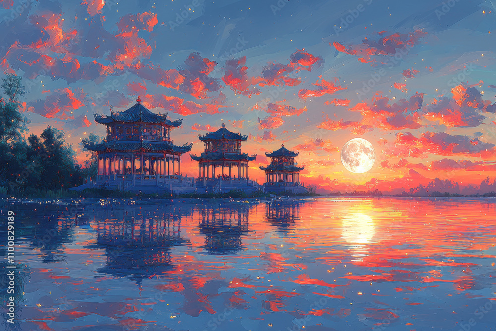 Obraz premium Serene Sunset Asian Temples Reflecting in Calm Lake Water
