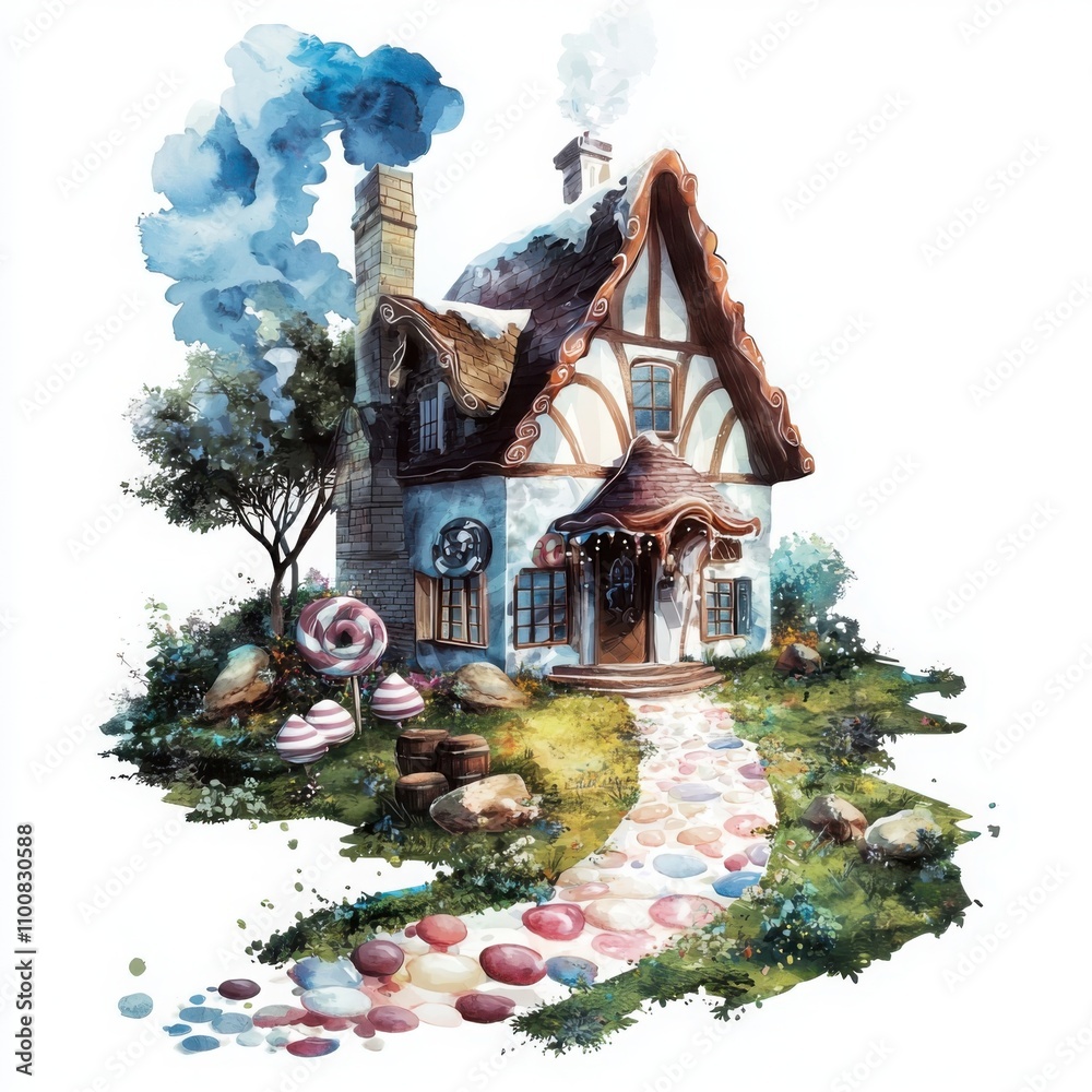 Fototapeta premium Creating a dreamy candy house with lollipop pathway in a watercolor wonderland