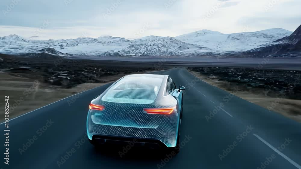 Futuristic Electric Car on an Open Road in Breathtaking Landscape Futuristic Electric Car on an Open Road in Breathtaking Landscape