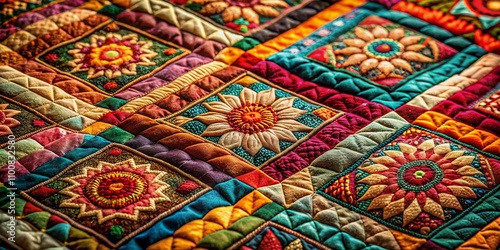 Vintage Style Photography of Abstract Quilted Fabric Art Featuring Colorful Geometric Patterns and Textures for Home Decor and Textile Design Inspiration
