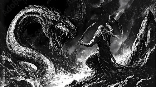 The norse god thor battling the midgard serpent at ragnarock, mythology. Mythology. Illustration photo