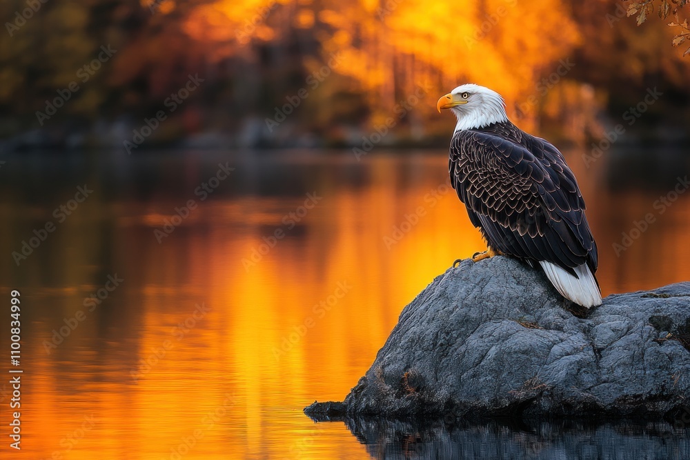 Fototapeta premium A majestic bald eagle perched on a rock in a lake with a vibrant autumn foliage backdrop.