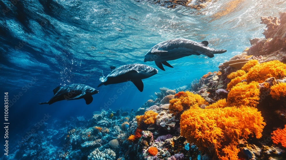 Naklejka premium Three dolphins swim over vibrant coral reef in clear ocean water.