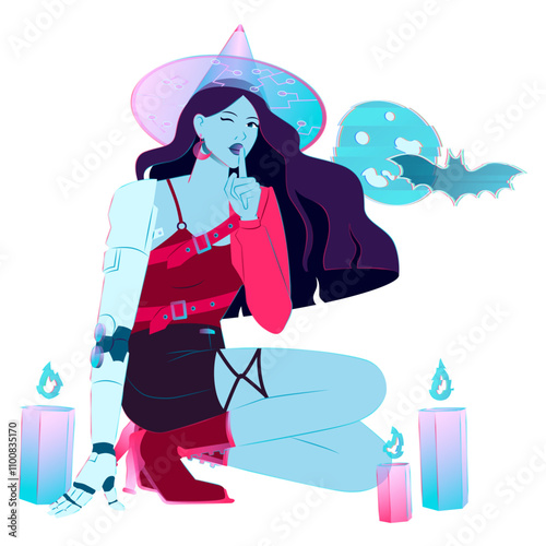 Cyber witch and Halloween attributes