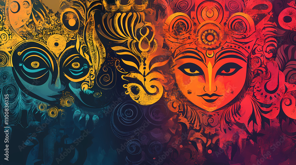 Fototapeta Indian mythology symbols and deities in abstract style abstract background. Mythology. Illustration