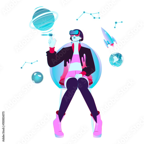 Young woman in VR glasses exploring space