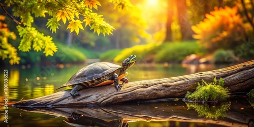 Vintage Style Photography of Blanding's Turtle basking on a sunlit fallen tree with serene water reflections and lush summer foliage highlighting this endangered species in its natural habitat. photo