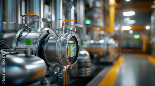 Cinematic image of chemical processing facility showcasing advanced machinery and equipment. scene highlights intricate details of industrial environment