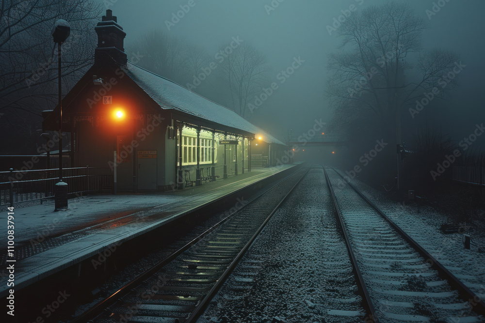 Fototapeta premium Old railway station in a foggy winter morning. Retro style.,. 
