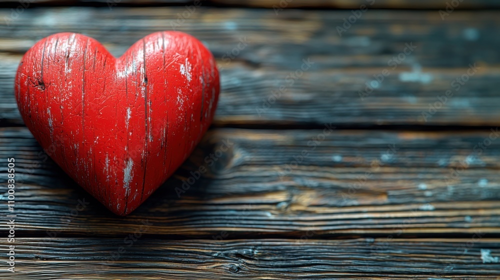 Fototapeta premium Rustic Red Wooden Heart on Dark Wood Background Love Romance Valentine s