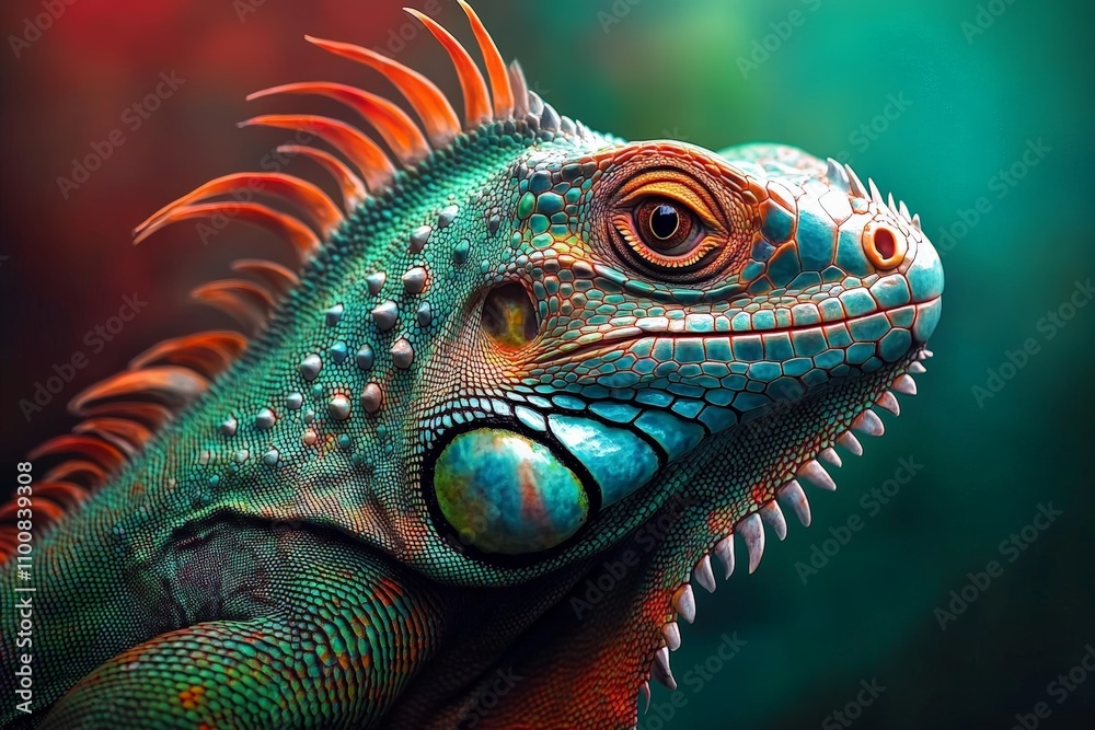 Obraz premium Close-Up Photo of Vibrant Iguana with Textured Scales and Crest